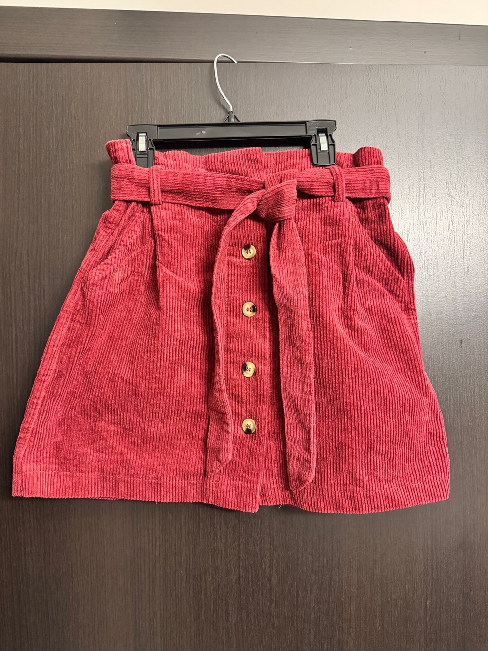 Rust Red Corduroy Paperbag Waist Button Front Mini Skirt
